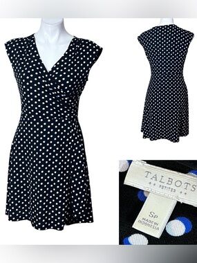 Talbots dress Sp Black/blue White Polka Dot faux Wrap office church business